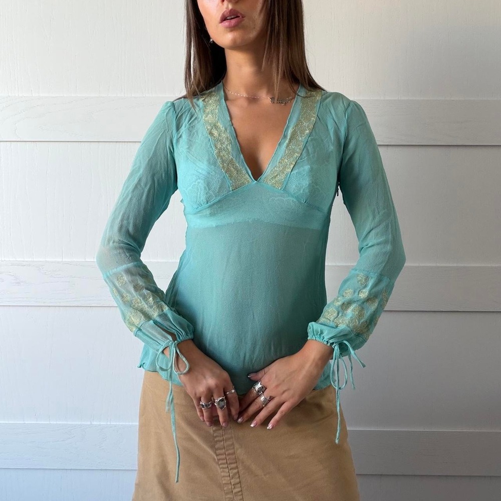 Forever 21 Y2K Turquoise Gold Embroidered Blouse